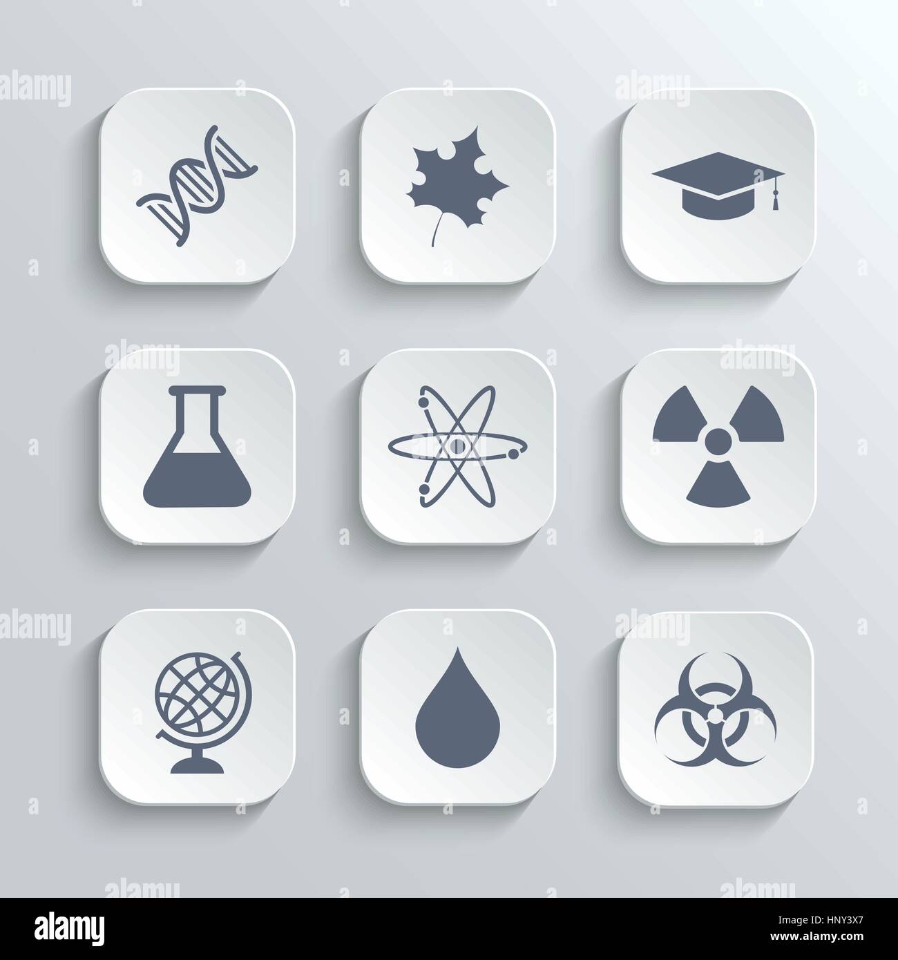 Wissenschaft-Icons set - Vektor weiße app-Buttons mit DNA-Ahorn Blatt Graduierung GAP Atom Radioaktivität Bio Hazard Labor Glühbirne Globus Tropfen Wasser Stock Vektor