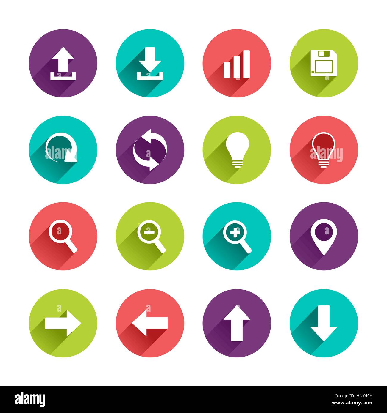 Vektor-Anwendung Web Icons Set im Flat Design mit langen Schatten auf Kreis-Schaltflächen mit Upload Download Pfeile oben unten links rechts Lampe Zoom Karte poin Stock Vektor