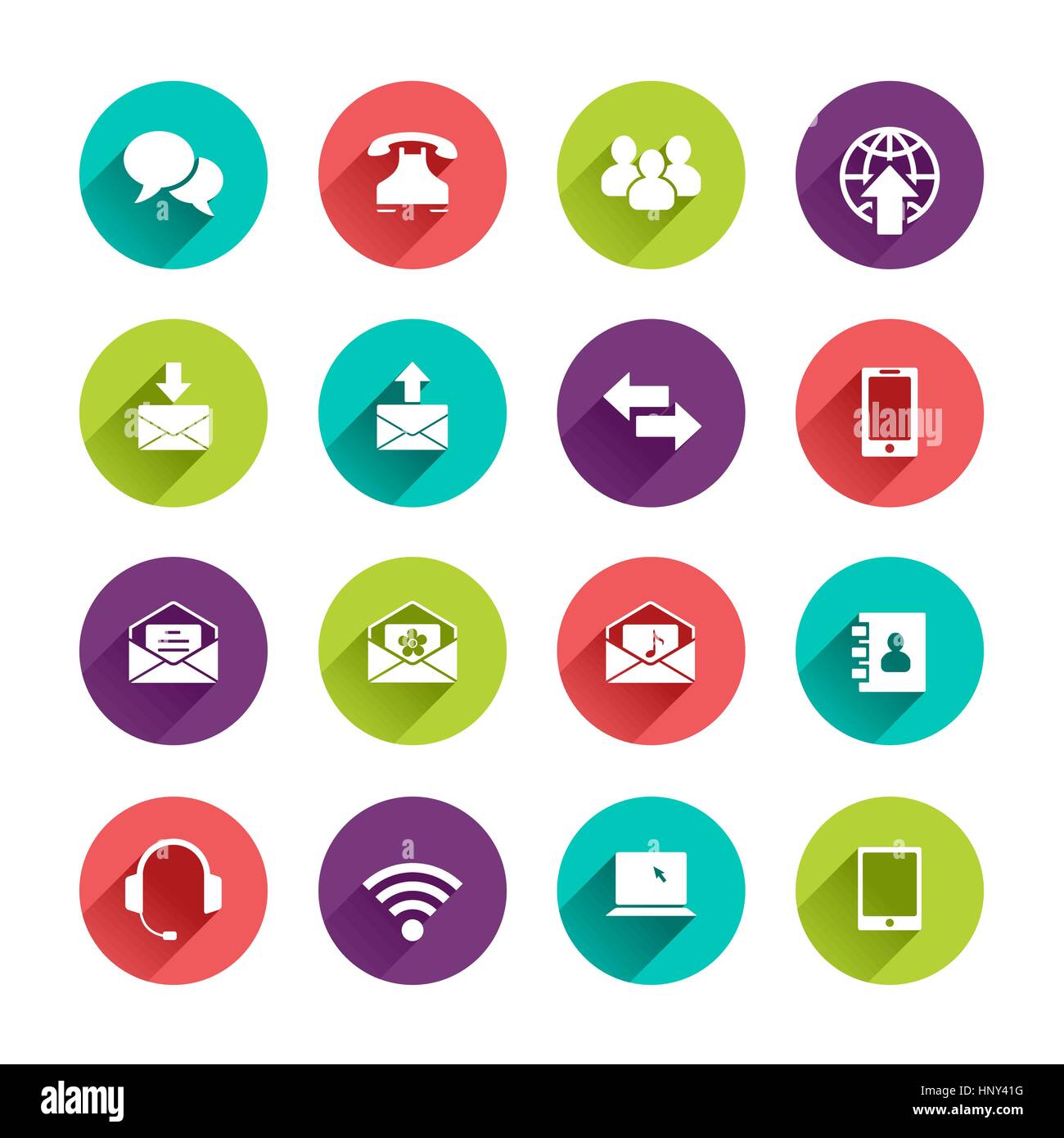 Vektor Web Icons Set im Flat Design mit langen Schatten auf Kreis-Schaltflächen mit Rede Blase Telefon Gruppe von Menschen e-Mail Pfeile Smartphone Telefonbuch hea Stock Vektor