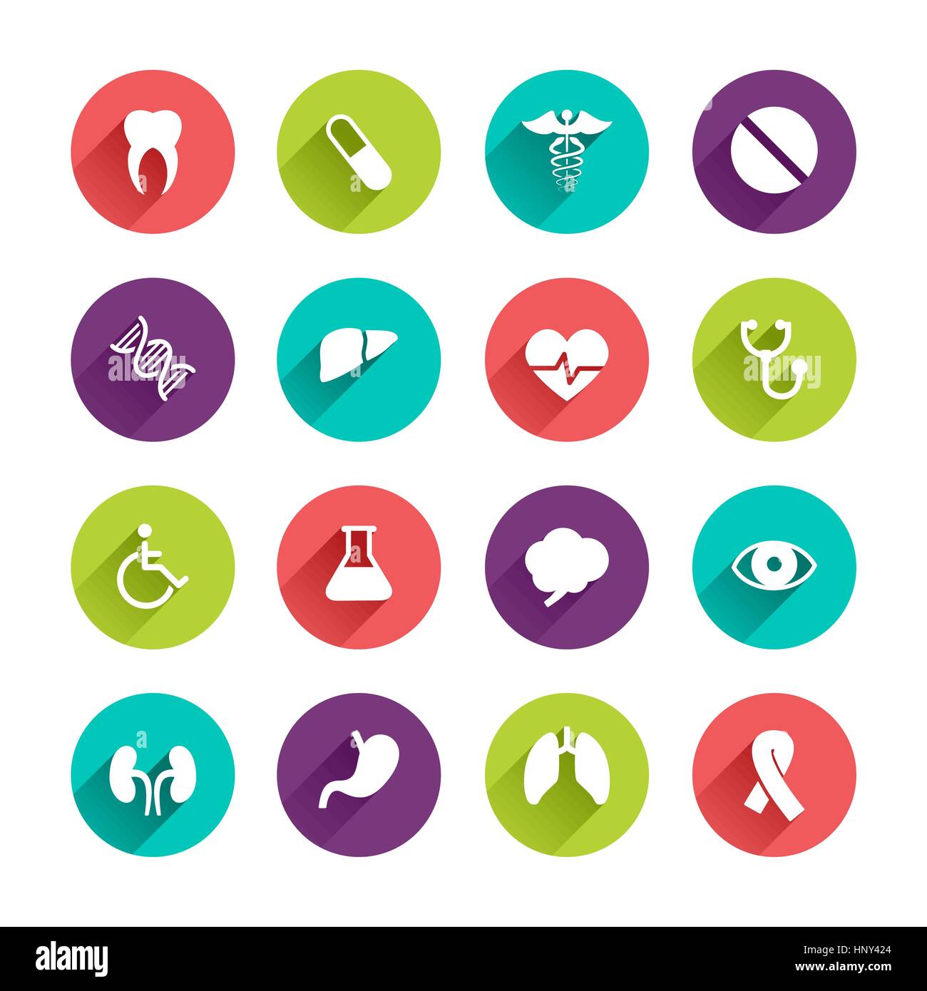 Vektor-Anwendung Web Icons Set im Flat Design mit langen Schatten auf Kreis-Schaltflächen mit Zahn Pille Caduceus Leber Herz Labor Gehirn Auge Nieren Stock Vektor