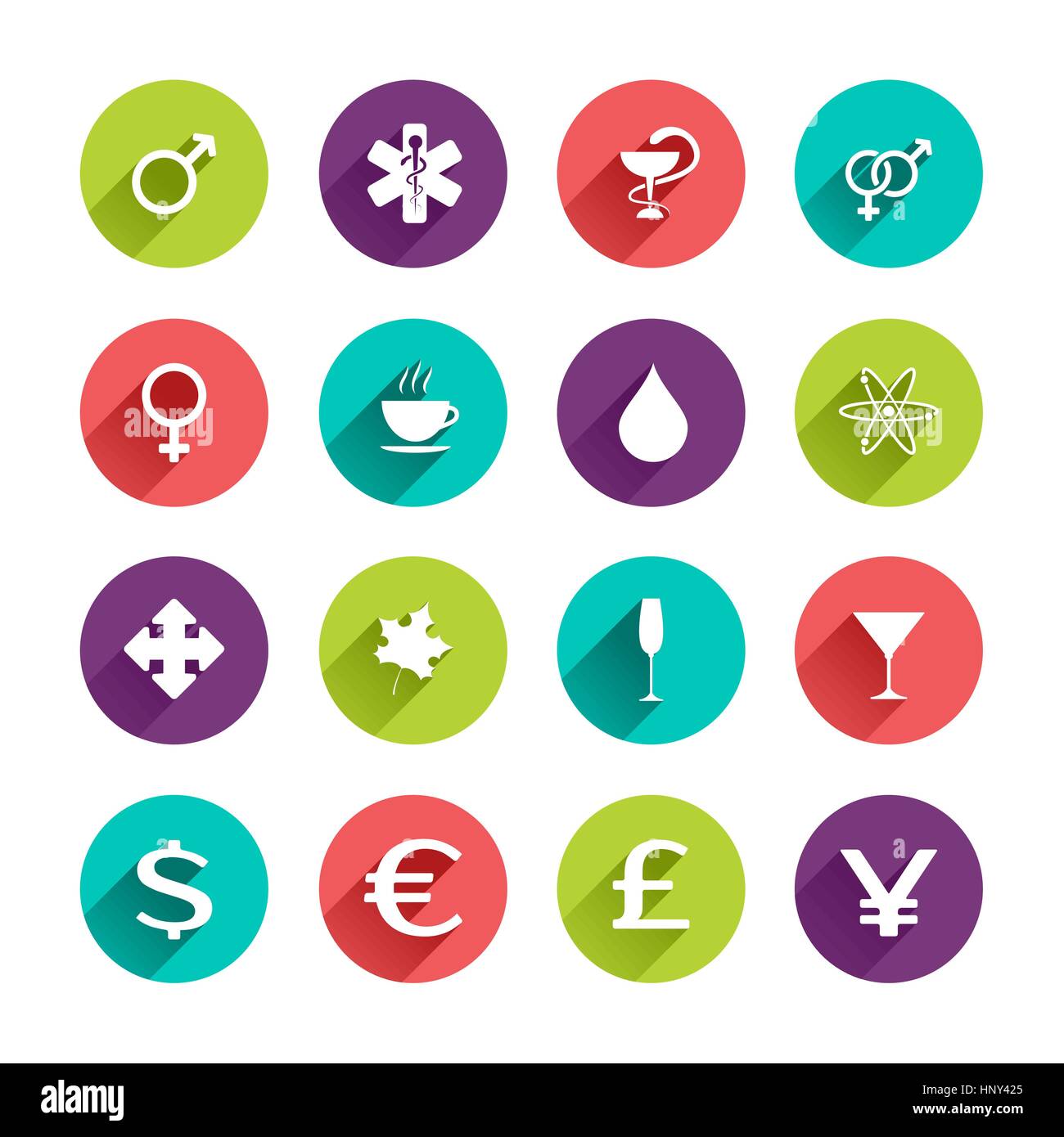 Vektor Web Icons Set im Flat Design mit langen Schatten auf Kreis-Schaltflächen mit Mann Frau Geschlecht Symbole Caduceus Tasse Kaffee Wassertropfen Atom Ahornblatt Stock Vektor
