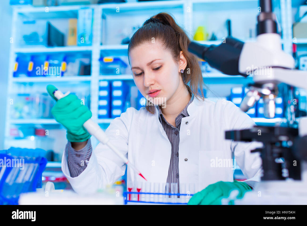 Ein junger Chemiker Reagenzglas mit Flüssigkeit während chemisches Experiment zu halten.  Assistent im Labor mit der Pipette Forschung von Krebsstammzellen.  Weiblich Stockfoto