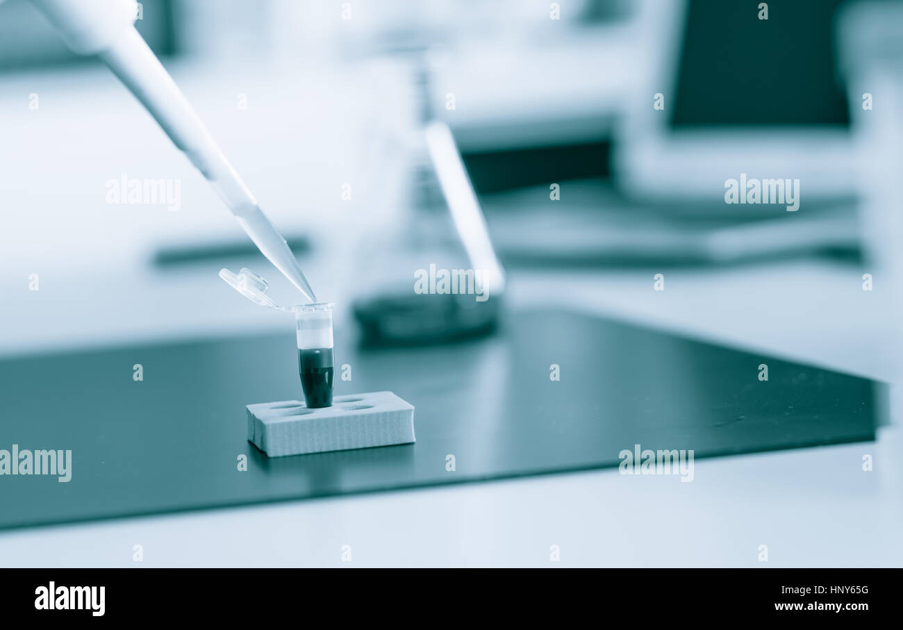 PCR-Streifen Reagenzgläsern und Mikropipette in Genetik Labor. Getönten Foto Stockfoto