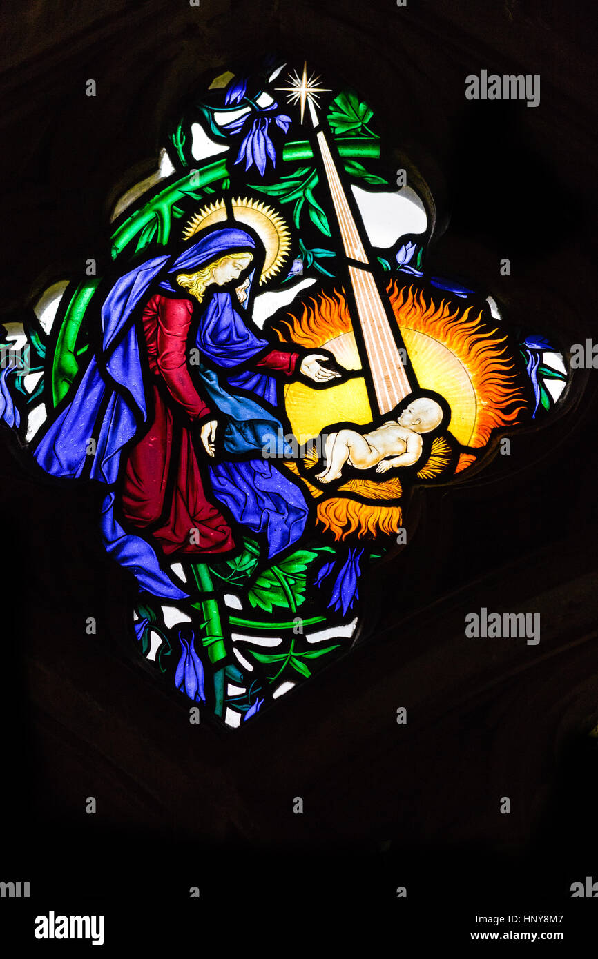 Moderne Glasmalerei-Fenster im Kreuzgang auf die Kathedrale von Canterbury, England. Stockfoto