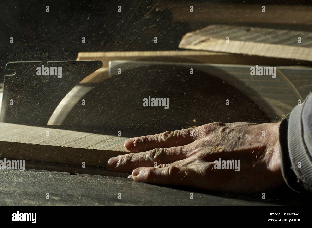 Tischler Schneiden von Holz mit kreisförmigen Bank sah Stockfoto