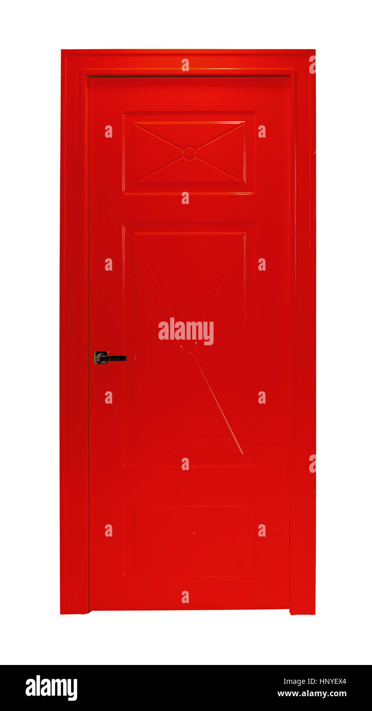 Moderne rote Tür isoliert auf weißem Hintergrund Stockfoto