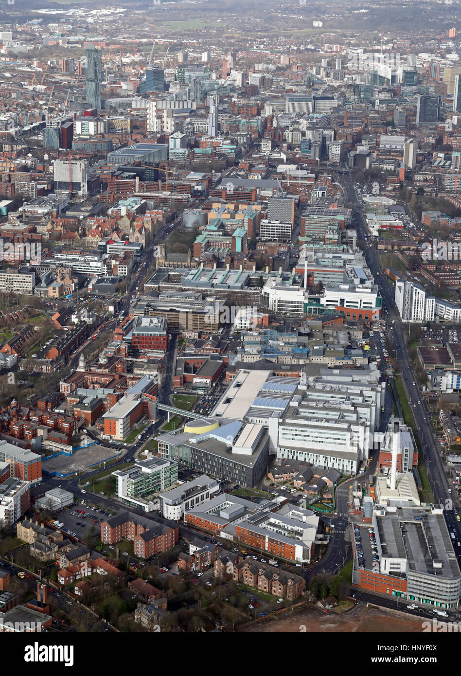 Luftaufnahme von St. Marys Hospital & Manchester Royal Infirmary, UK Stockfoto