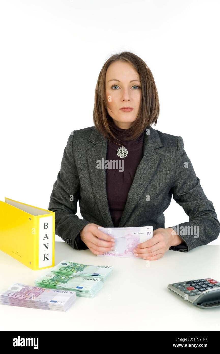 Model Release, Junge Frau Mit Bankbelegen Und Geld - junge Frau mit Bank-Gutscheine und Geld Stockfoto