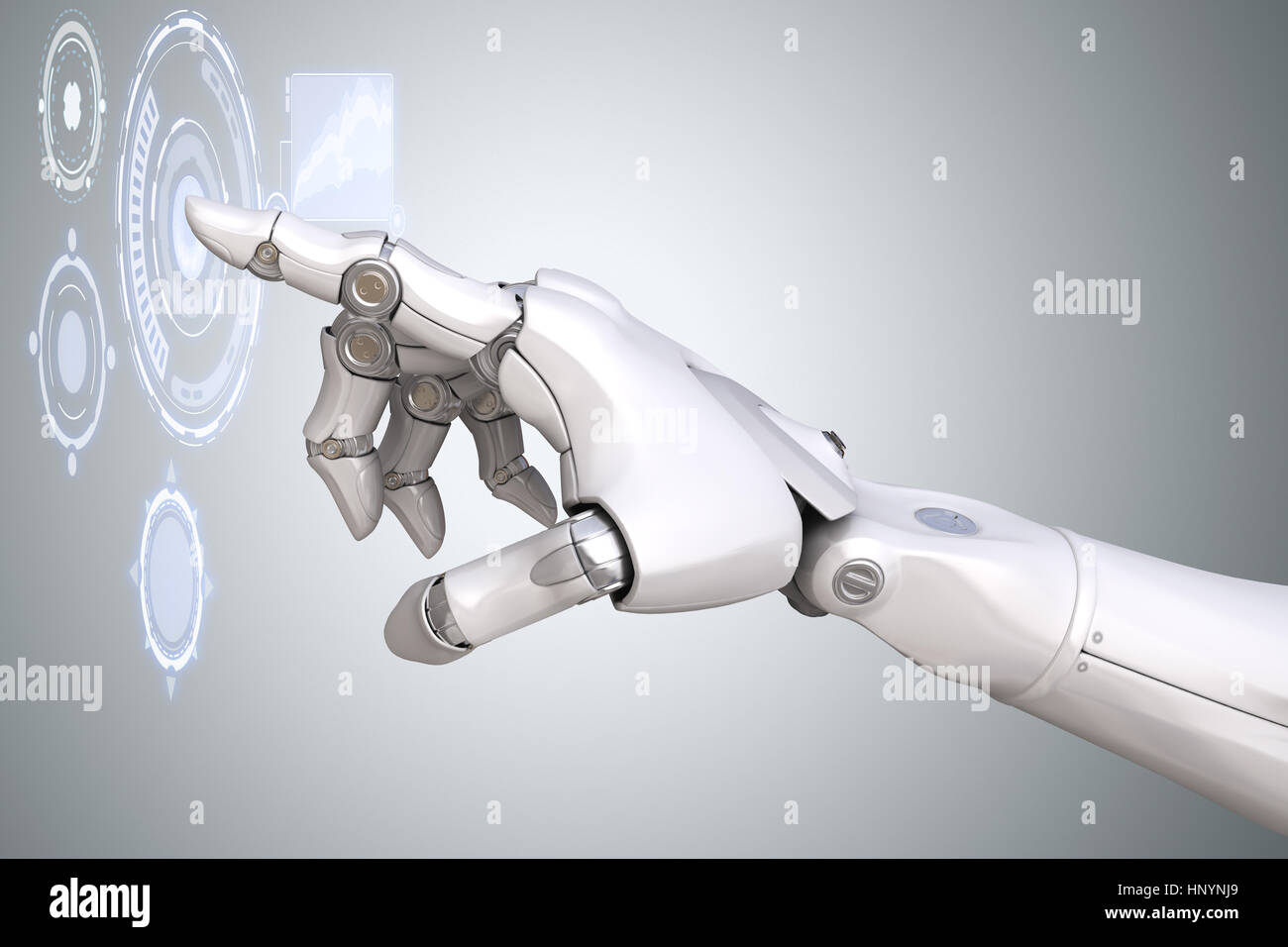 Der Roboterarm mit Virtual Reality Touchscreen arbeiten. 3D illustration Stockfoto
