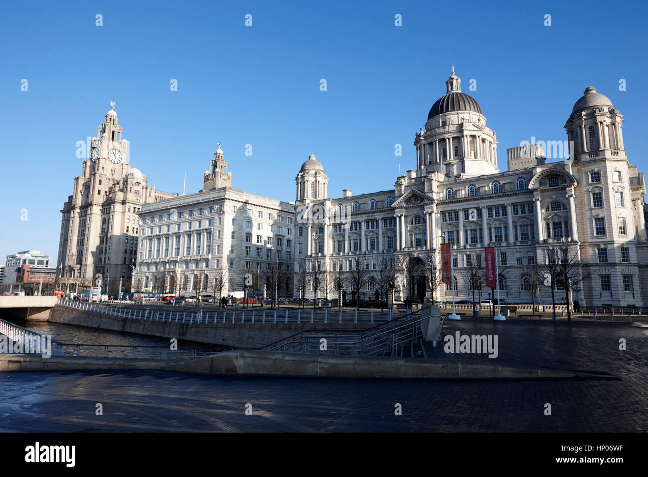 die drei Grazien Leber Aufbau Cunard Gebäude Hafen von Liverpool Gebäude Molenkopf Wahrzeichen Gebäude Liverpool uk Stockfoto