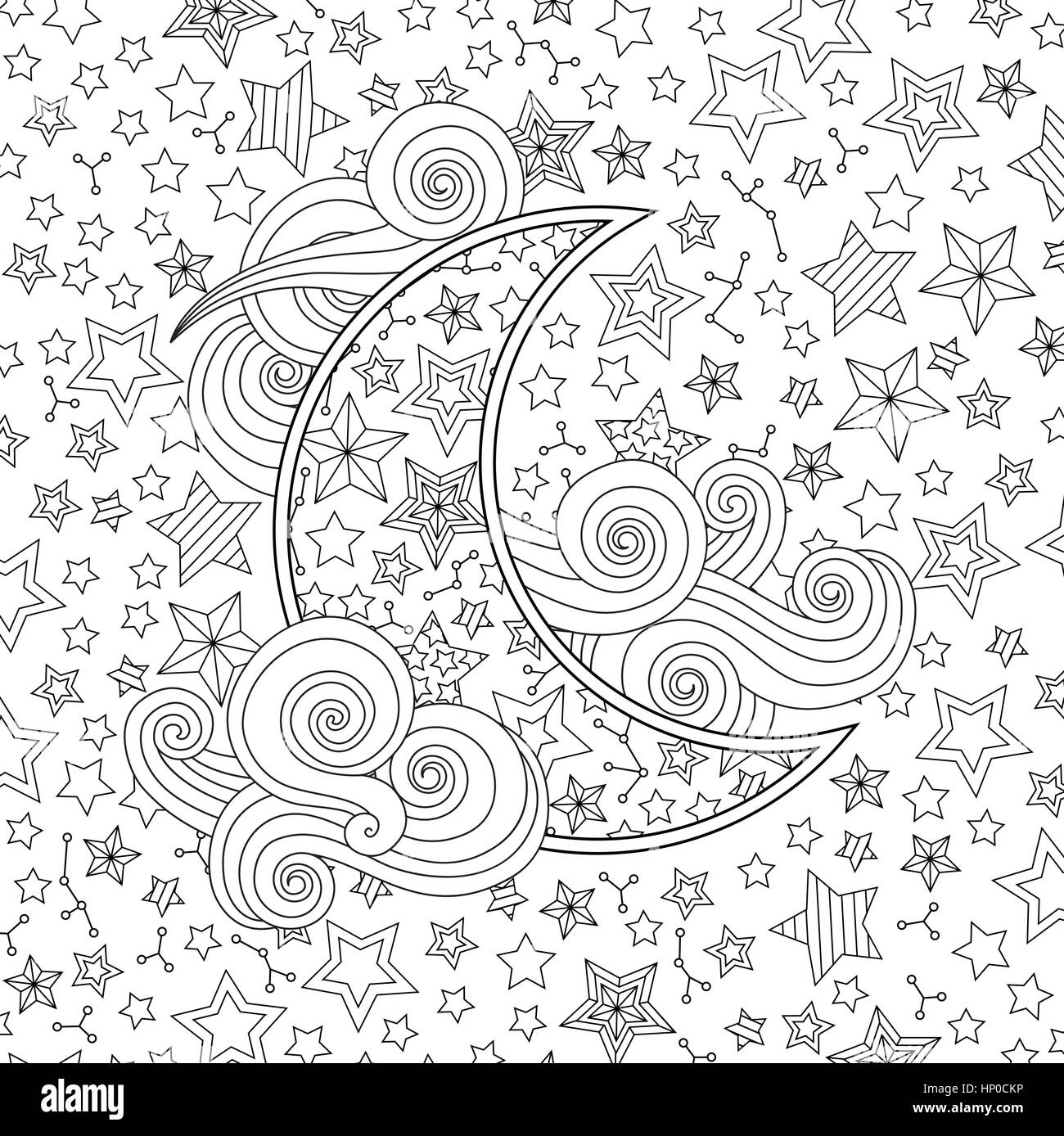 Kontur Bild des Mondes Sichel Wolken, Sterne in Zentangle inspiriert Doodle-Stil. Quadratische Komposition. Stock Vektor