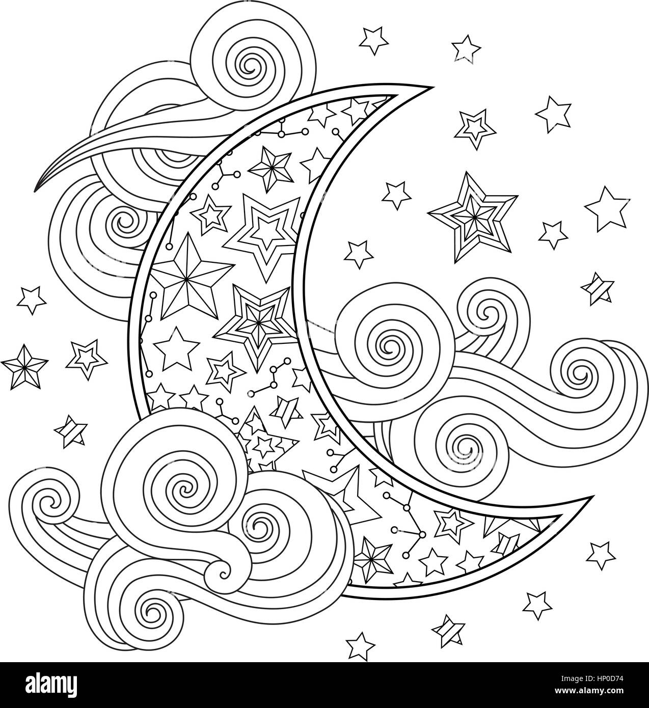 Kontur Bild der Mond Halbmond Wolken Sterne Zentangle inspiriert Doodle Stil isoliert auf weiss. Stock Vektor