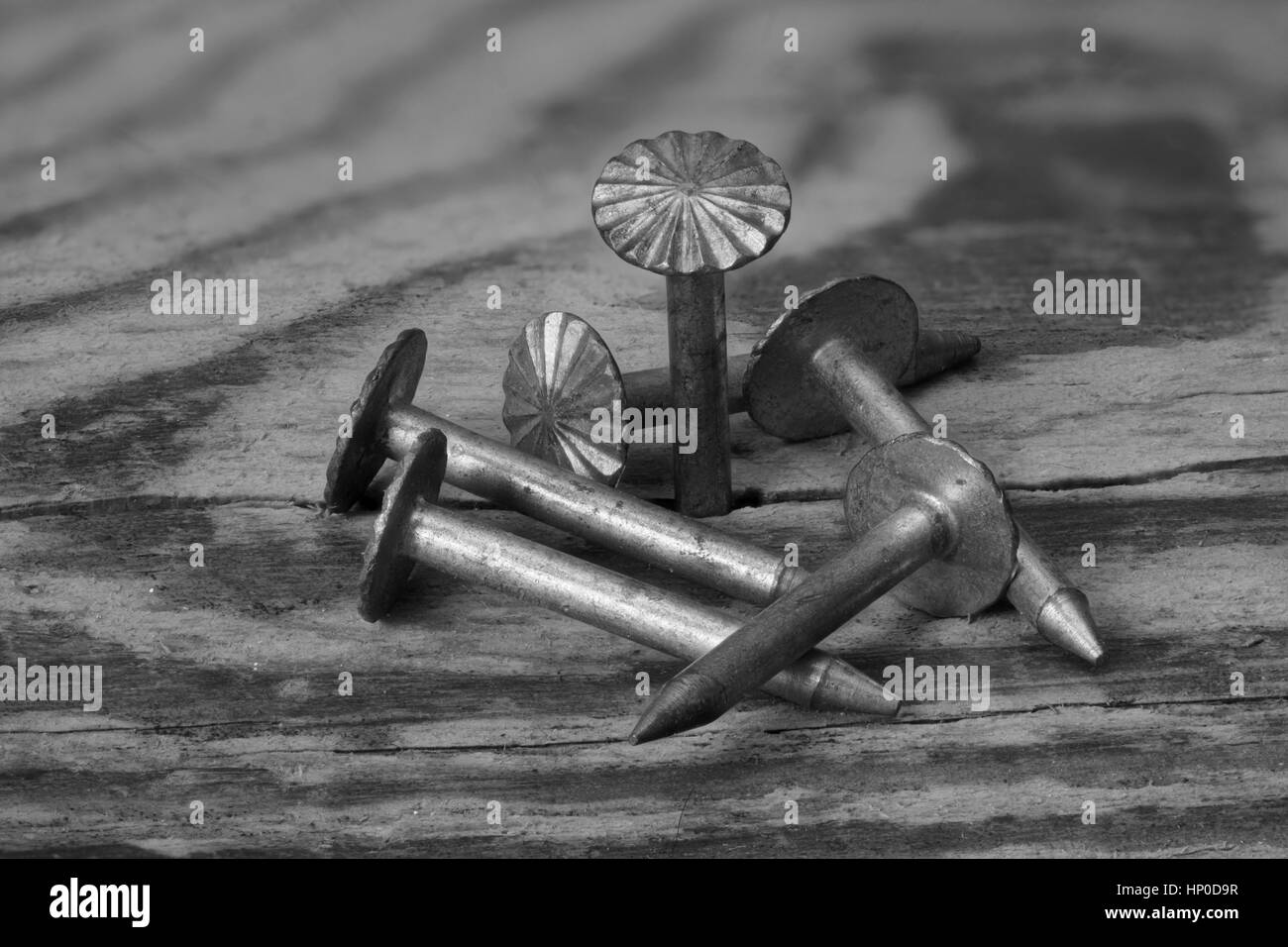 Polster scharfe Nägel auf einem Holzbrett Oberfläche Stockfoto