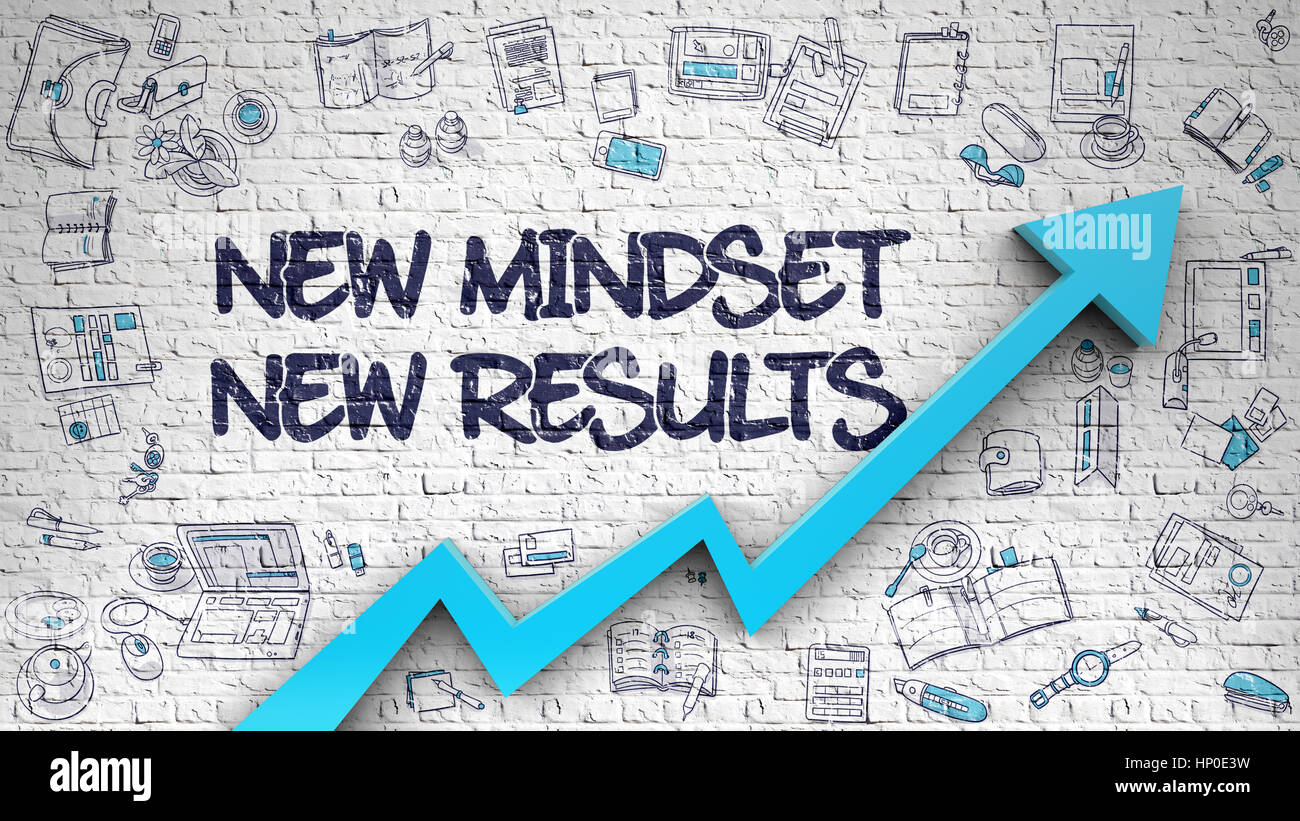 Neue Denkweise neue Ergebnisse auf weißen Mauer gezogen. Stockfoto
