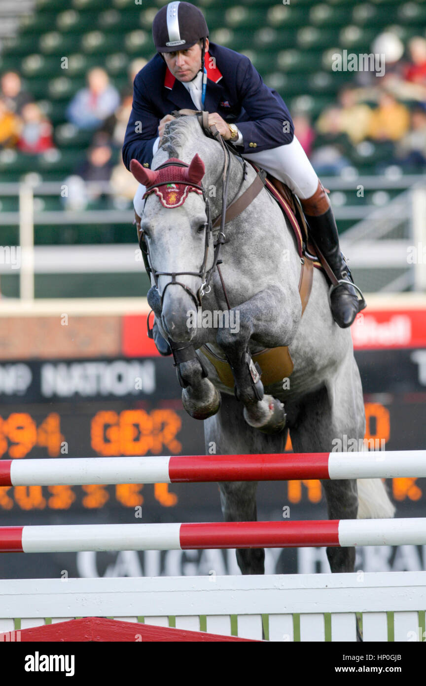 National, Spruce Meadows, Juli 2005, Duke Energy Cup, Nick Skelton (GBR) Reiten Russel Stockfoto