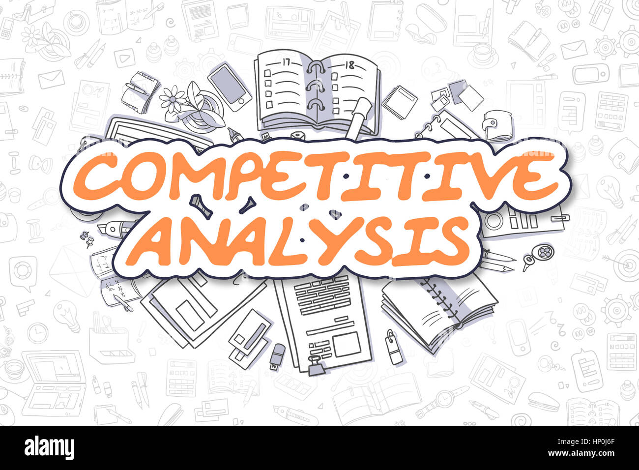 Wettbewerbsanalyse - Doodle Orange Wort. Business-Konzept. Stockfoto