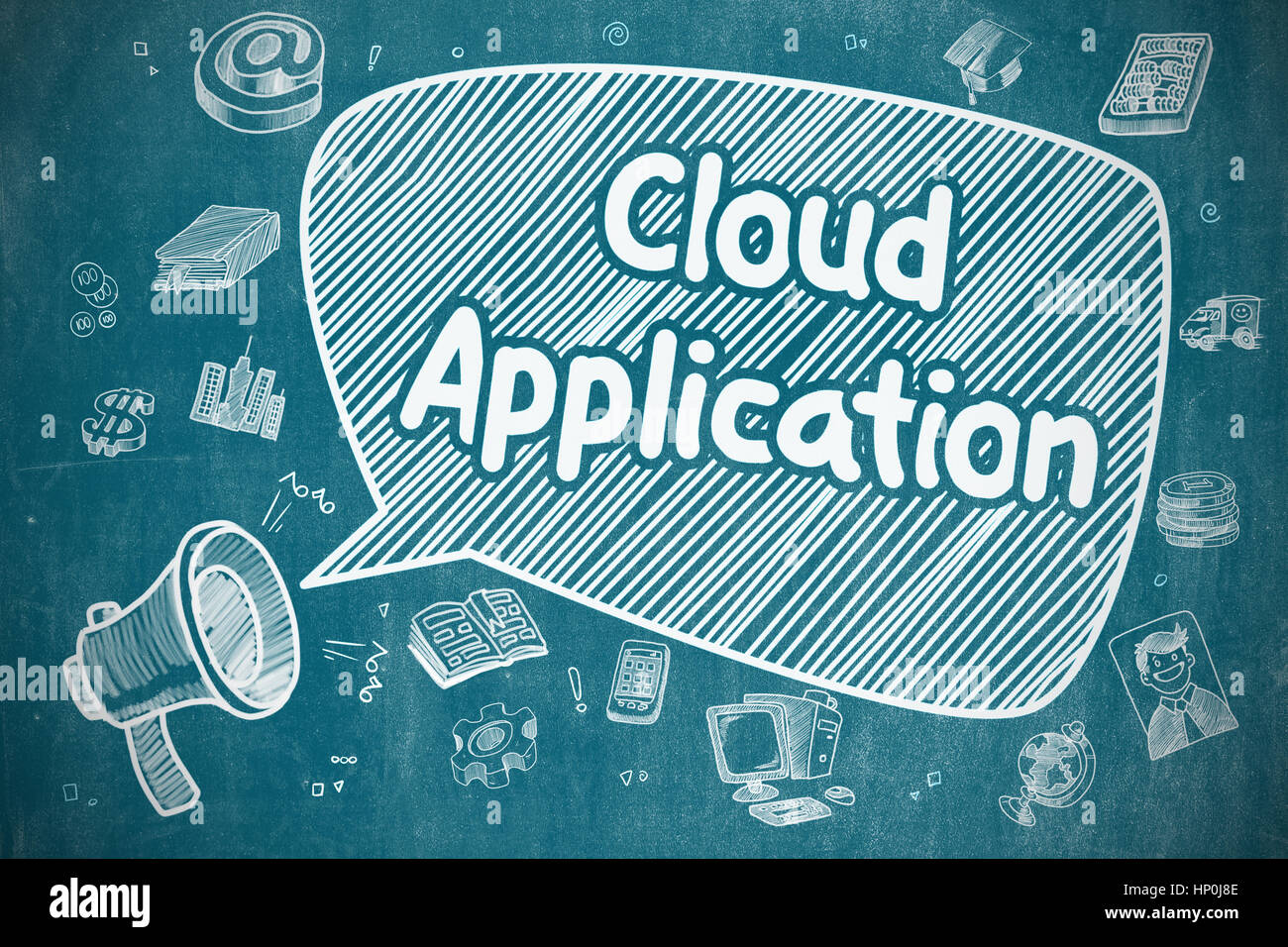 Cloud-Anwendung - Cartoon Illustration an blauen Tafel. Stockfoto