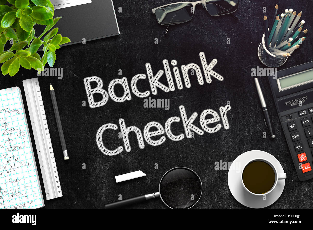 Schwarze Tafel mit Backlink-Checker. 3D-Rendering. Stockfoto