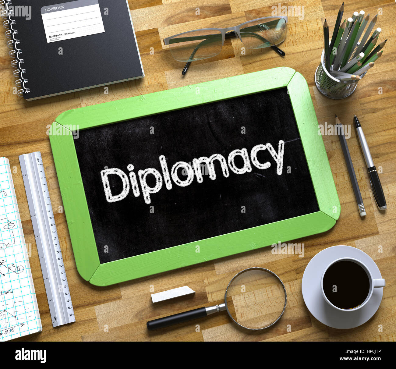 Diplomatie, die handschriftlich auf kleinen Tafel. 3D. Stockfoto