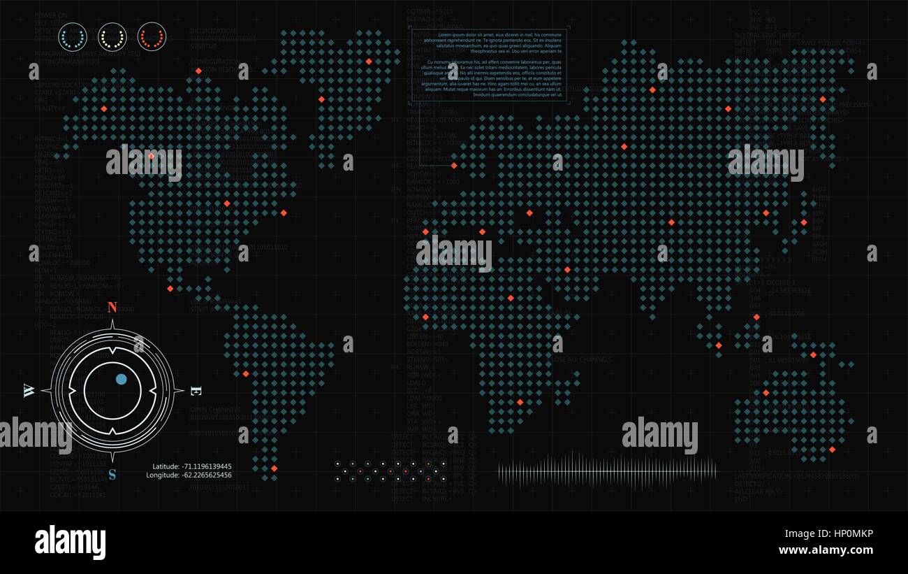 Head up-Display. Futuristische Hintergrund mit Computercode, HUD Elemente der Benutzeroberfläche und gepunktete Weltkarte für Ihr design Stock Vektor