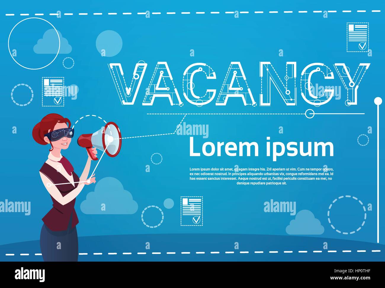 Business-Frau halten Megaphon Vakanz Suche Position Human Resources Mitarbeitergewinnung Stock Vektor