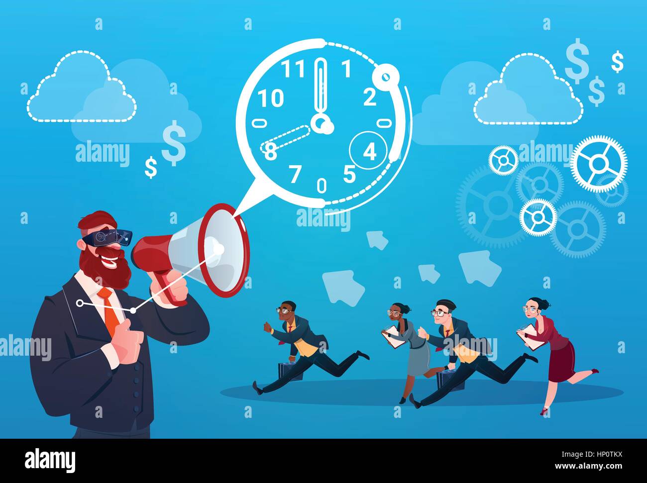 Geschäftsmann Hold Megaphon Unternehmensgruppe Menschen führen Uhr Geschäftsleute Zeit Frist Konzept Stock Vektor