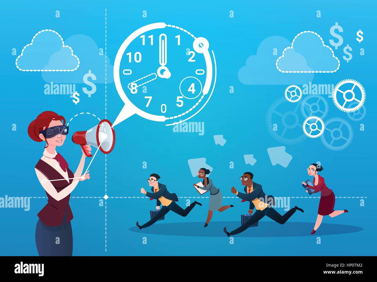 Geschäftsfrau Hold Megaphon Unternehmensgruppe Menschen führen Uhr Geschäftsleute Zeit Frist Konzept Stock Vektor
