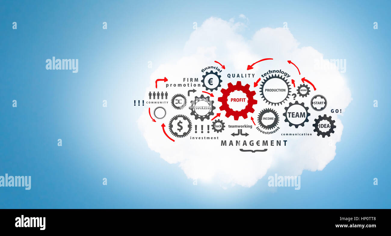 Zusammenfassung Hintergrund mit verbundenen Zahnräder und Symbole für Teamarbeit Strategie Stockfoto