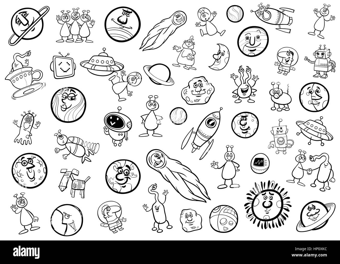 Schwarz / Weiß Cartoon Darstellung von Objekten im Weltraum und Fantasiefiguren Set Malvorlagen Stock Vektor