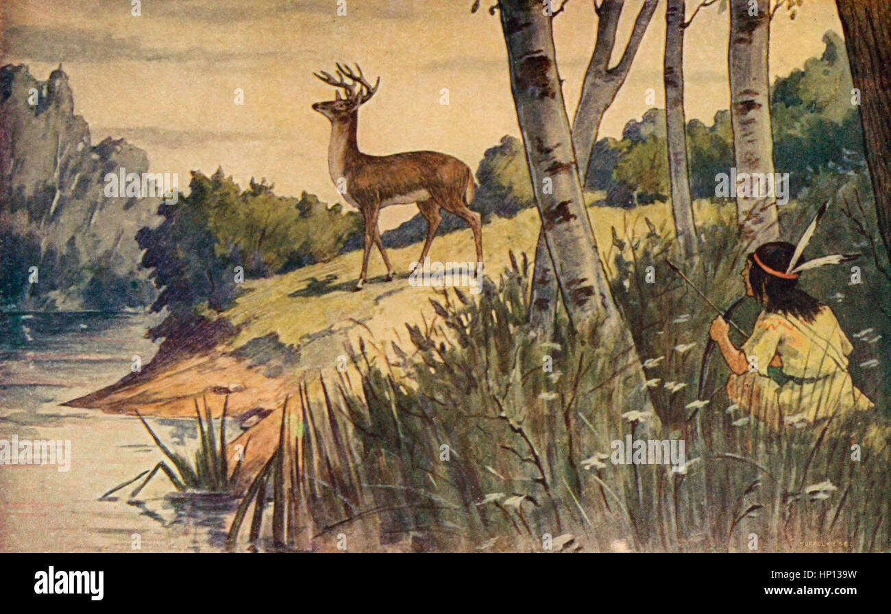 Dort wartete er, bis der Hirsch - Szene aus epischen Gedicht - das Lied von Hiawatha kam Stockfoto