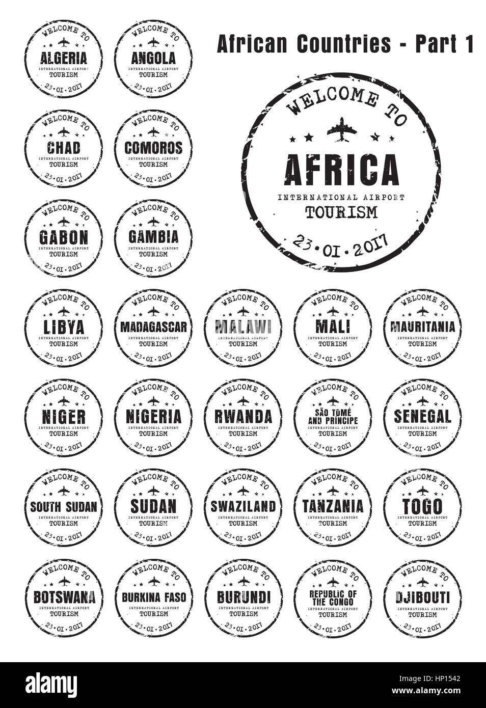 Alte abgenutzte Briefmarken-Pass mit dem Namen der afrikanischen Länder zu entwerfen. Vorlagen Sign. für die Reisen und Flughafen Teil 1. Satz Stock Vektor