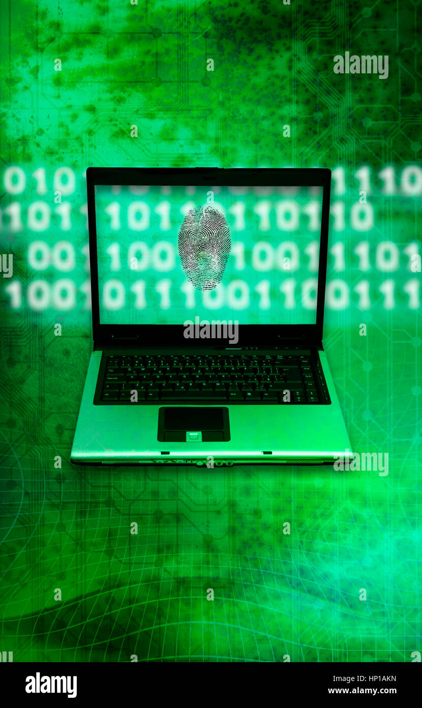 Laptop mit Fingerabdruck und Technik Hintergrund als Konzept zur Verbrechensaufklärung Internet und sichere Identifikation Stockfoto