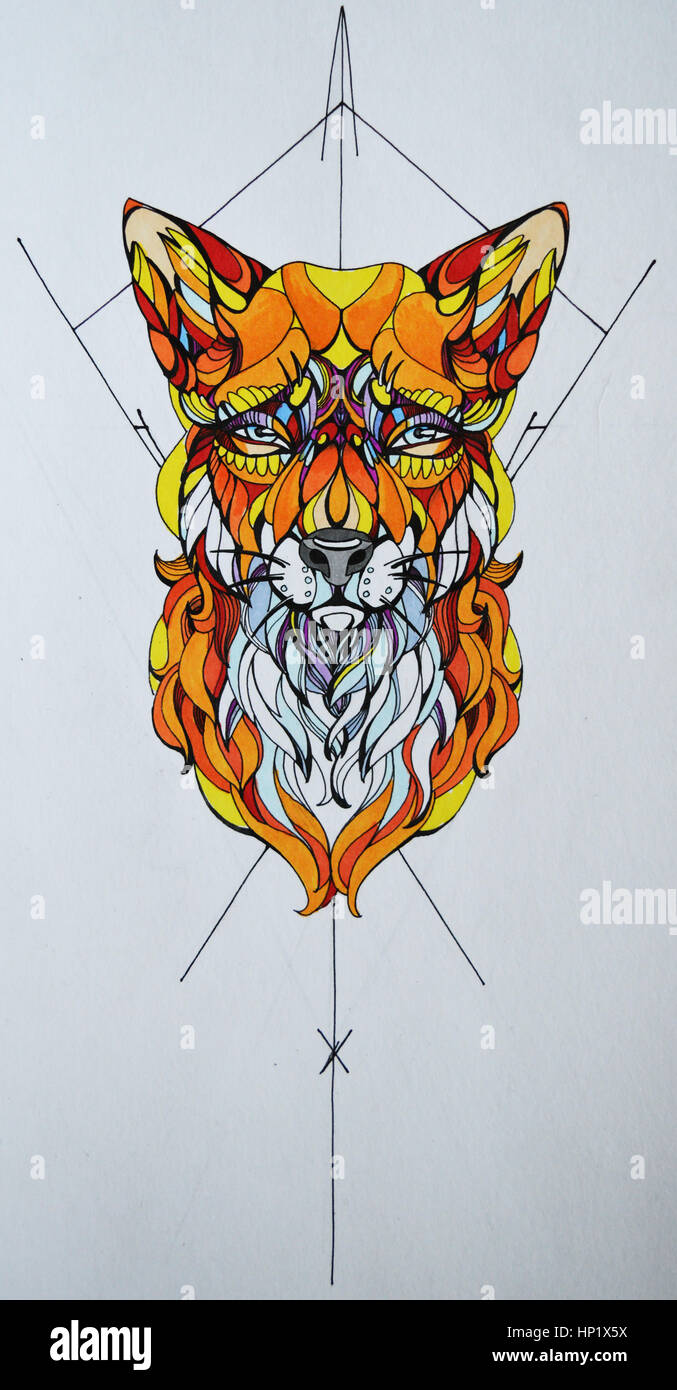 Grafik, Zeichnung eines Fuchses im Stil einer Tätowierung Stockfoto