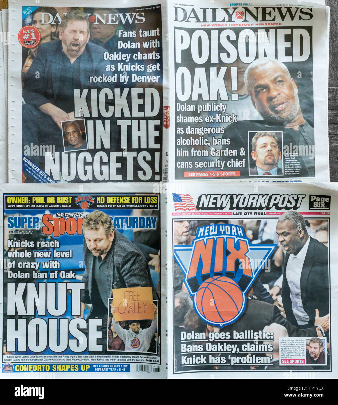 Die New Yorker Boulevardpresse, vorne und hinten erstreckt sich auf Samstag, 11. Februar 2017 berichten über die Auseinandersetzung den ehemaligen Knicks Basketballspieler Charles Oakley mit Madison Square Garden zu Problemen mit MSG und Knicks Besitzer James Dolan sicherheitsbezogene hatte.  (© Richard B. Levine) Stockfoto