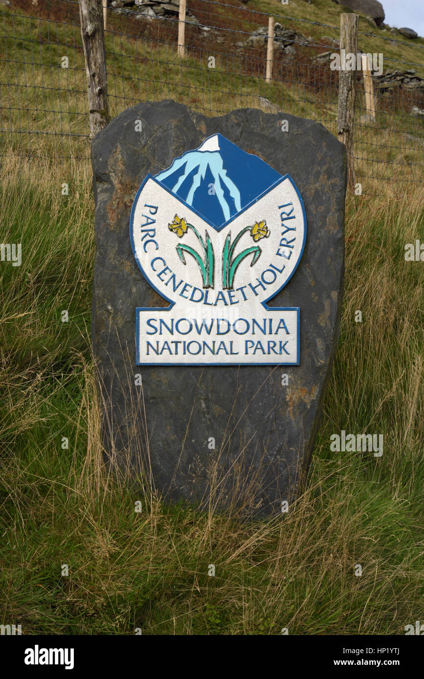 Grenzstein-Marker für Snowdonia National Park bei Blaenau Ffestiniog Stockfoto