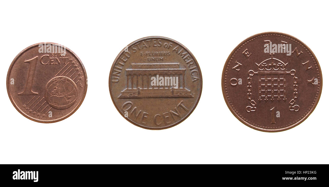 Ein Euro-Cent, einen Dollar-Cent, 1 Cent Münzen isoliert Stockfoto