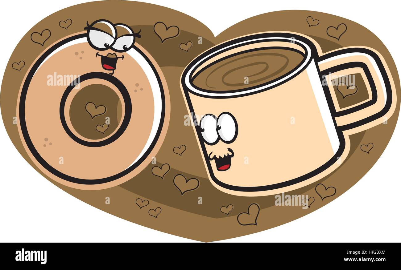 Ein glücklich Cartoon Krapfen und Kaffee in der Liebe. Stock Vektor
