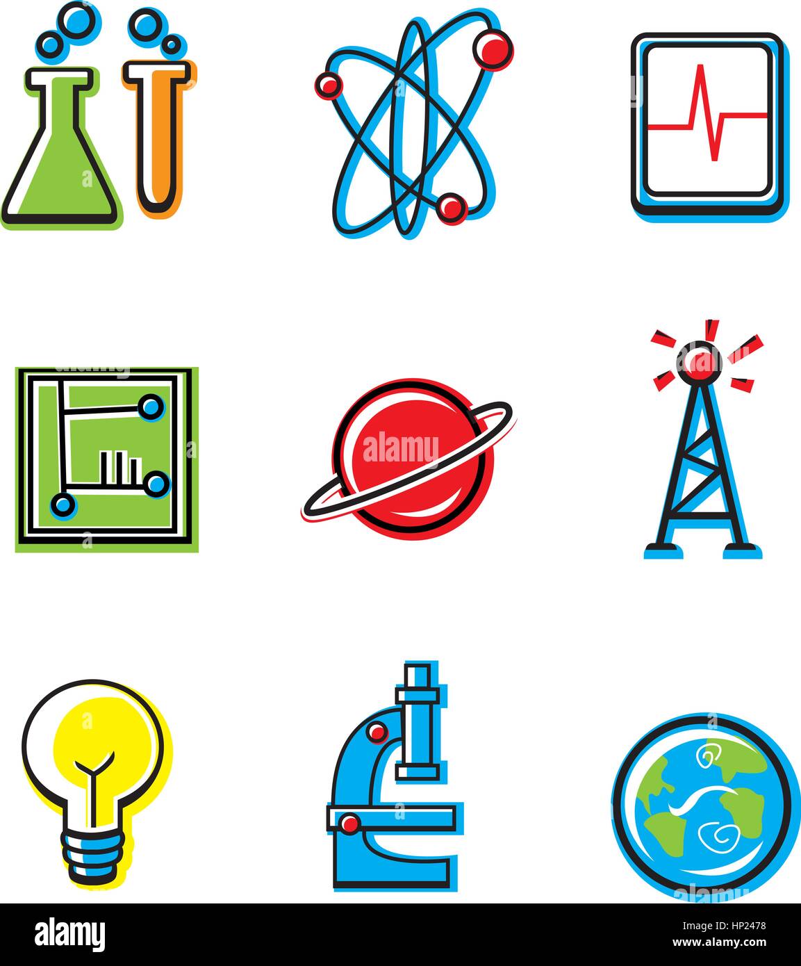 Eine Vielzahl von Cartoon-Symbole mit einem Wissenschaft-Thema. Stock Vektor