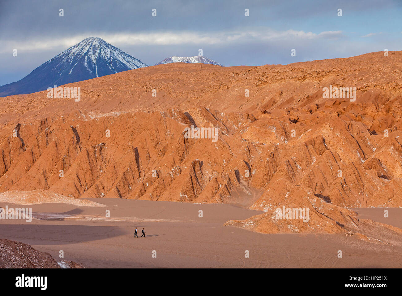 Panorama, Skyline, im Death Valley, im Hintergrund Andenberge, Vulkane Licancabur links und Juriques rechts, Atacama Wüste, Chile Stockfoto