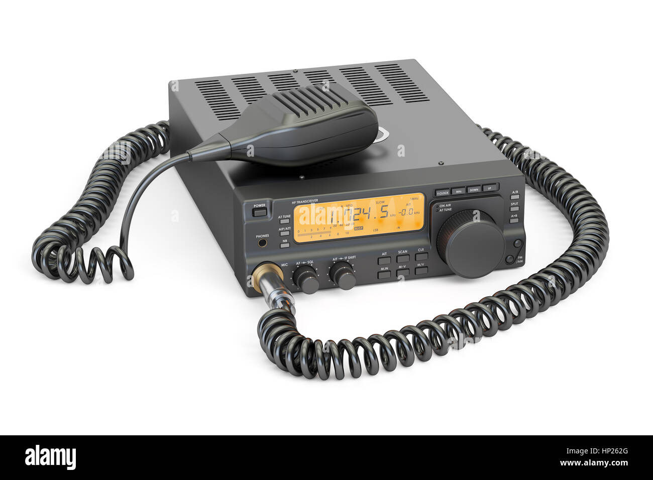 Amateurfunk-Transceiver mit PTT-Mikrofon Schalter, 3D-Rendering isolierten auf weißen Hintergrund Stockfoto
