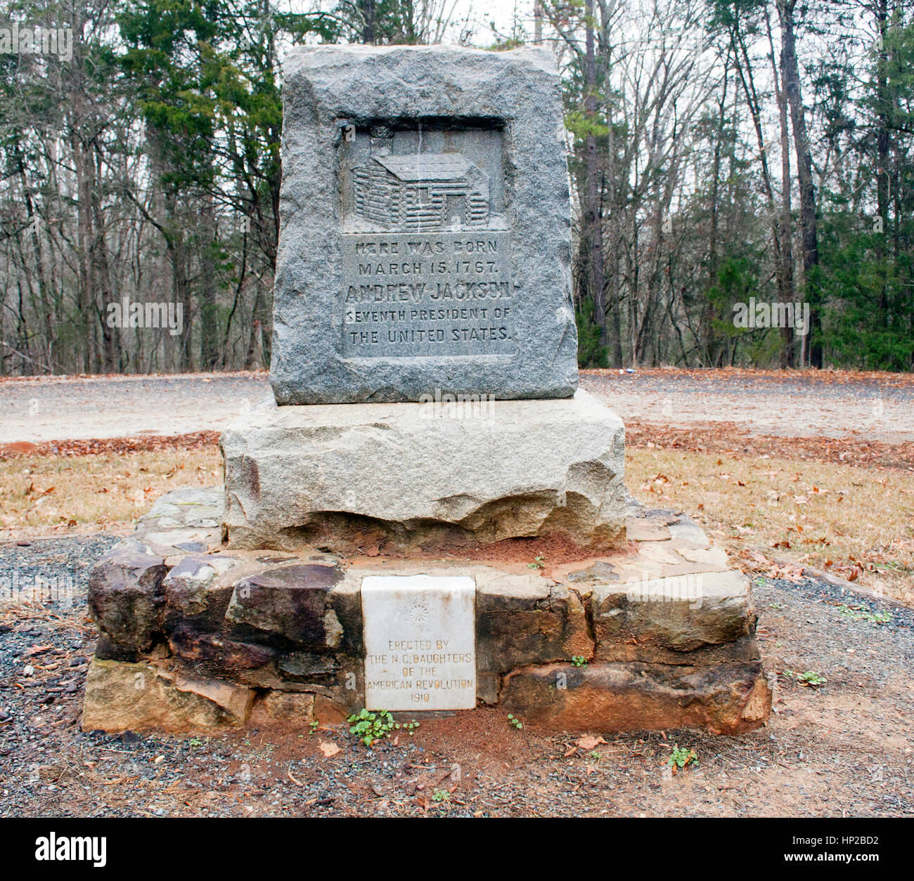 Andrew Jackson Geburtsort Marker befindet sich in seiner Heimatstadt von Waxhaw, North Carolina. Stockfoto