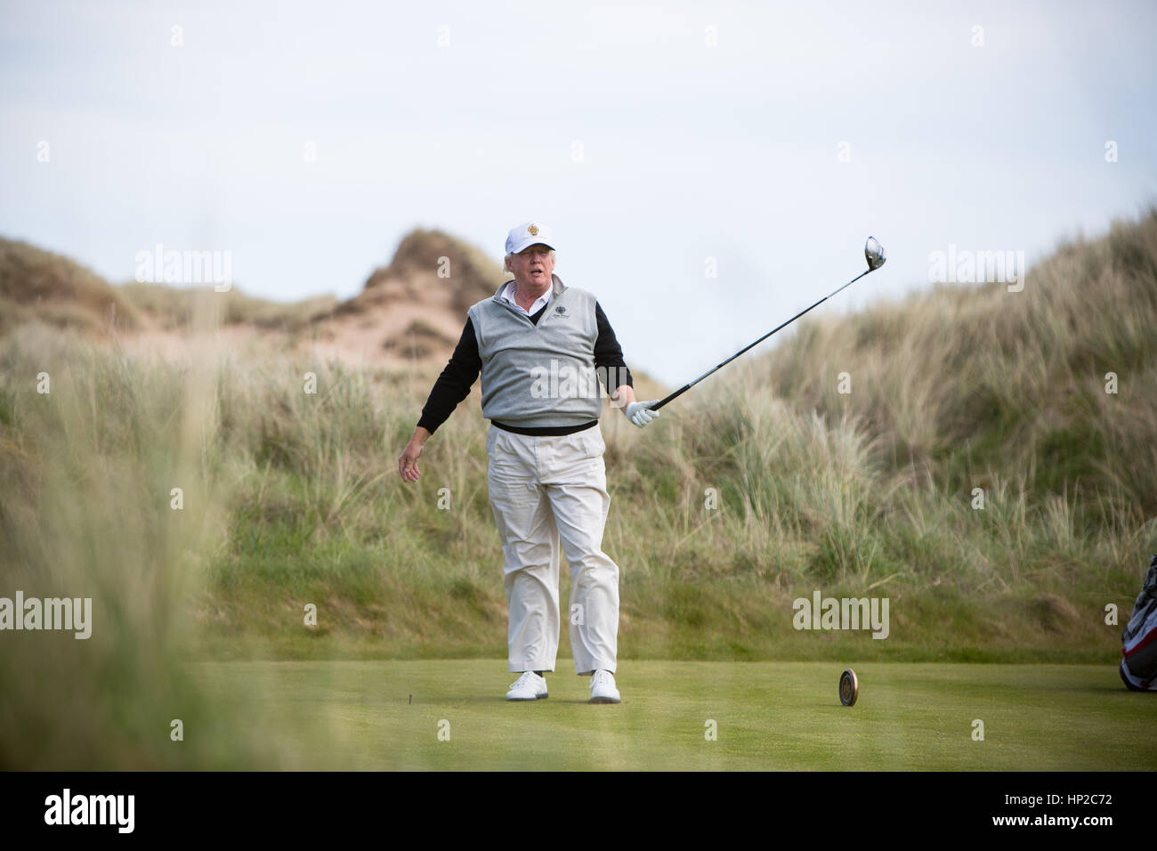 Präsident Donald Trump fotografiert im Trump International Golf Course in Aberdeen, Schottland. Stockfoto