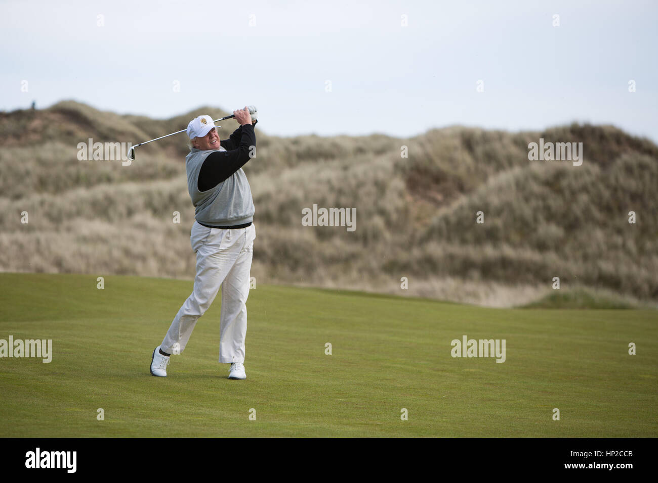 Präsident Donald Trump fotografiert im Trump International Golf Course in Aberdeen, Schottland. Stockfoto