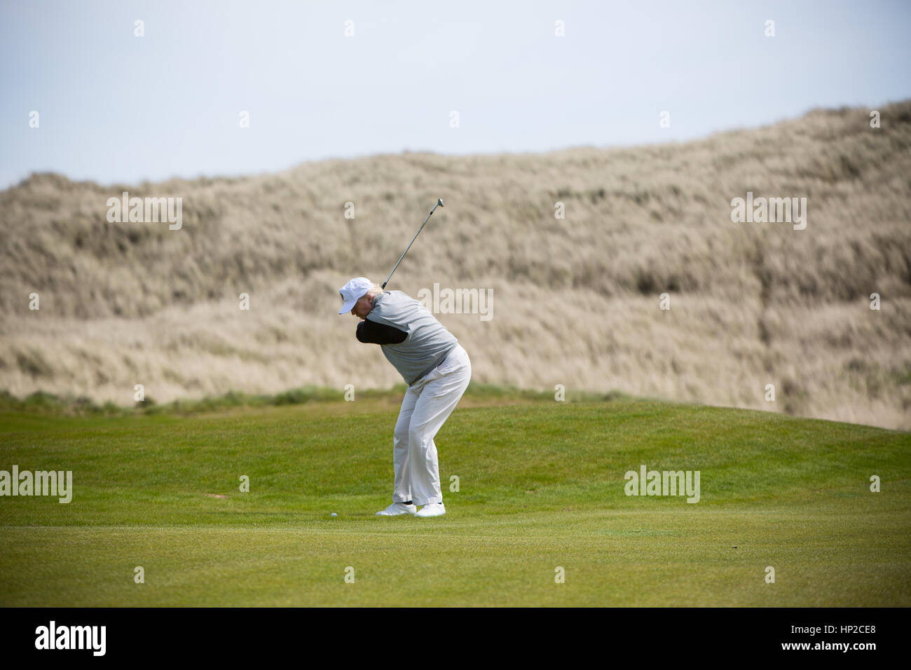 Präsident Donald Trump fotografiert im Trump International Golf Course in Aberdeen, Schottland. Stockfoto