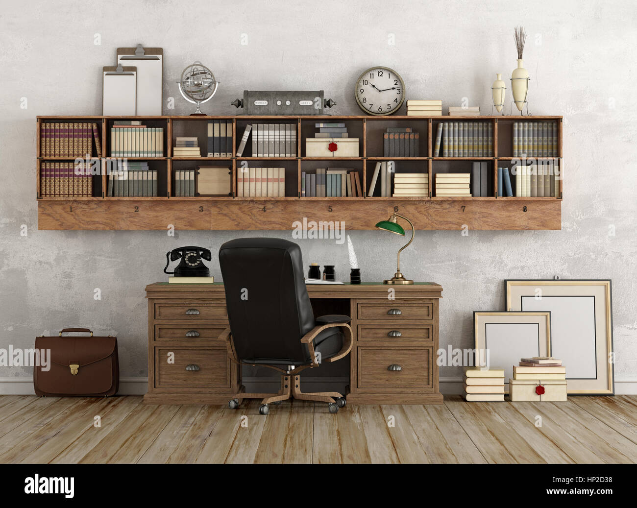 Retro-Heim Arbeitsbereich mit Schreibtisch aus Holz und Bücherregal auf Wand - 3d rendering Stockfoto