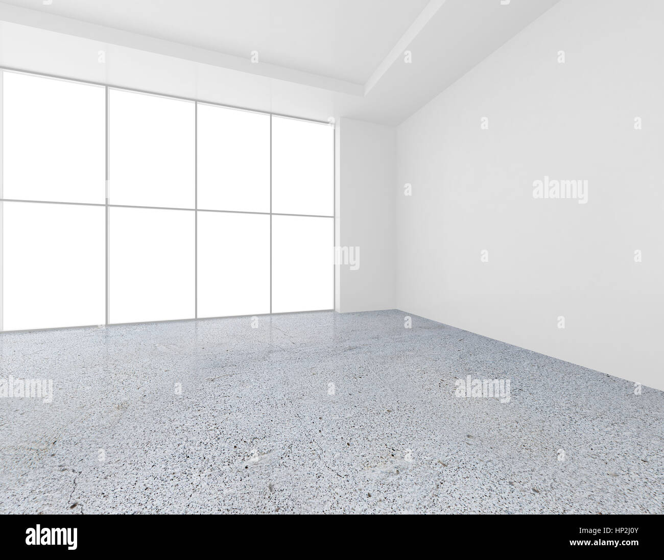 weiße Wand mit großen Fenstern und Betonboden. 3D-Rendering Stockfoto