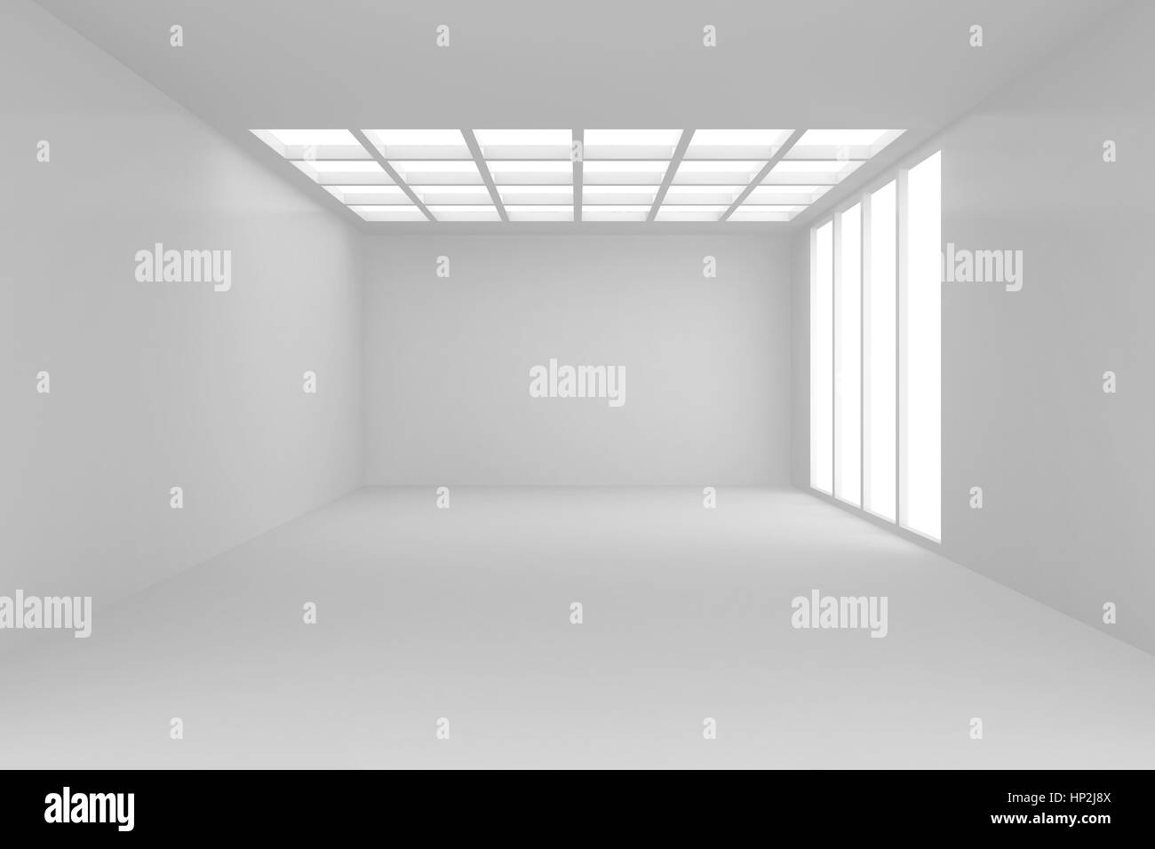 Geräumiger Innenraum mit leere Wand und Panoramafenster. Mock-up, 3D Rendering. Stockfoto