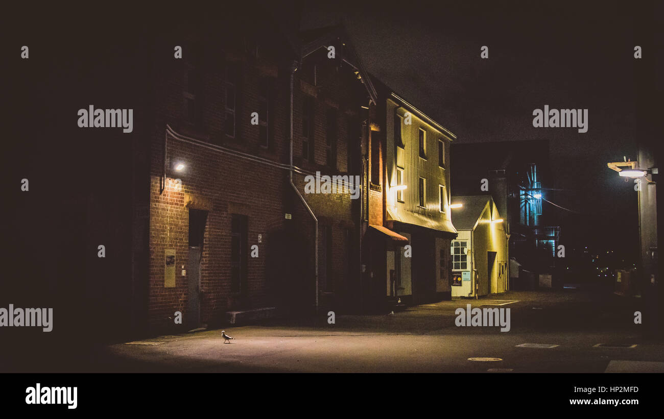 Lagerhallen auf Cockatoo Island bei Nacht Stockfoto