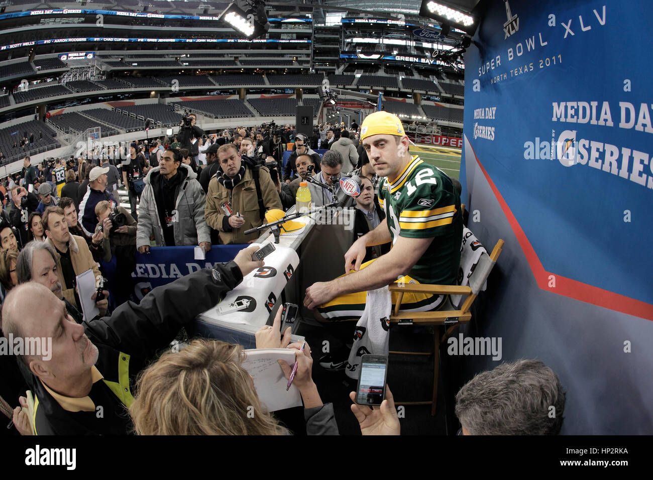 Green Bay Packers quarterback Aaron Rodgers am Super Bowl Medientag im Cowboys Stadium am 1. Februar 2011 in Arlington, Texas. Foto von Francis Specker Stockfoto