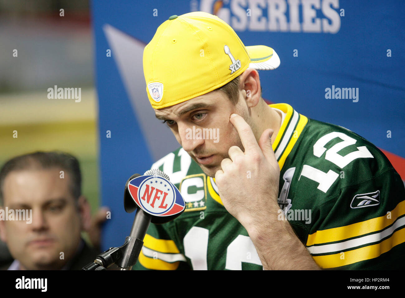 Green Bay Packers quarterback Aaron Rodgers am Super Bowl Medientag im Cowboys Stadium am 1. Februar 2011 in Arlington, Texas. Foto von Francis Specker Stockfoto